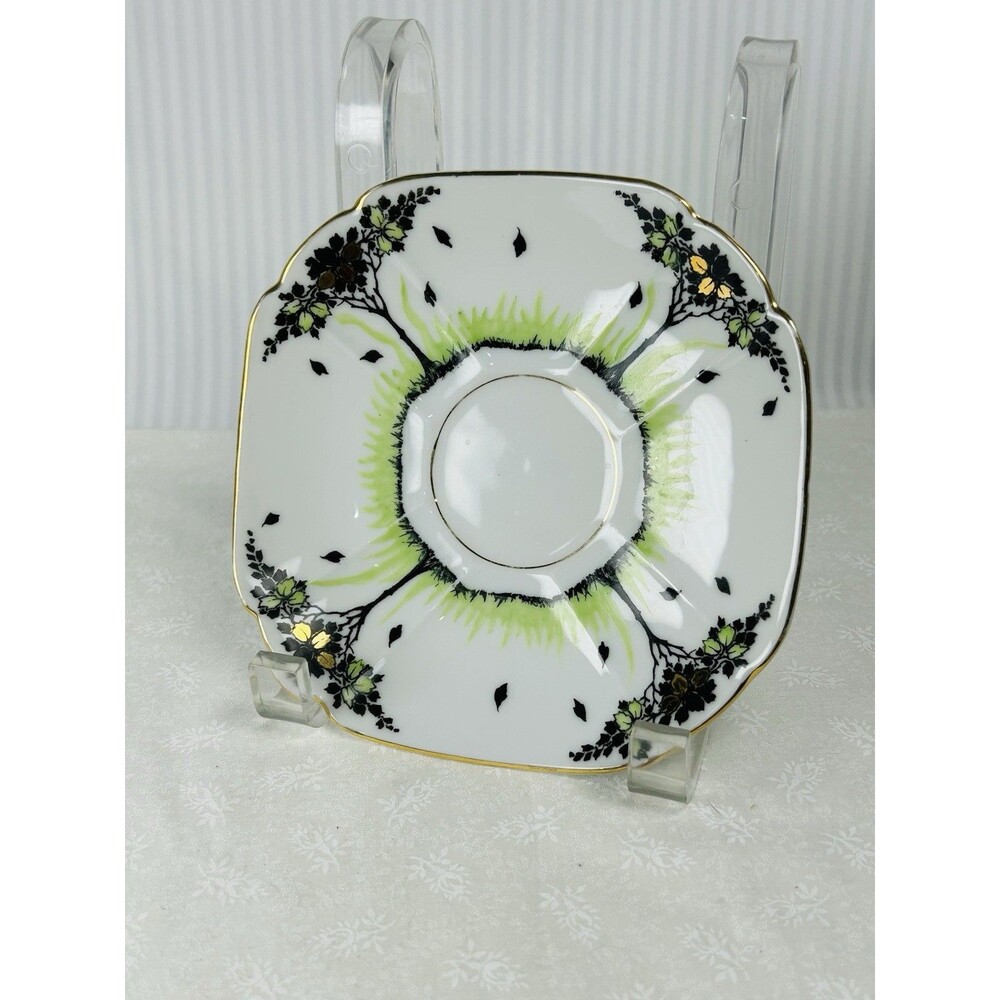 Victoria China Czechoslovakia Floral Square Porcelain Saucer White/Green
